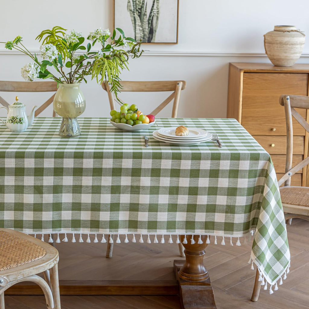 Green Gingham Tablecloth Rectangle, Summer Checkered Table Cloth Cotton Linen Fabric with Tassels, Plaid Farmhouse