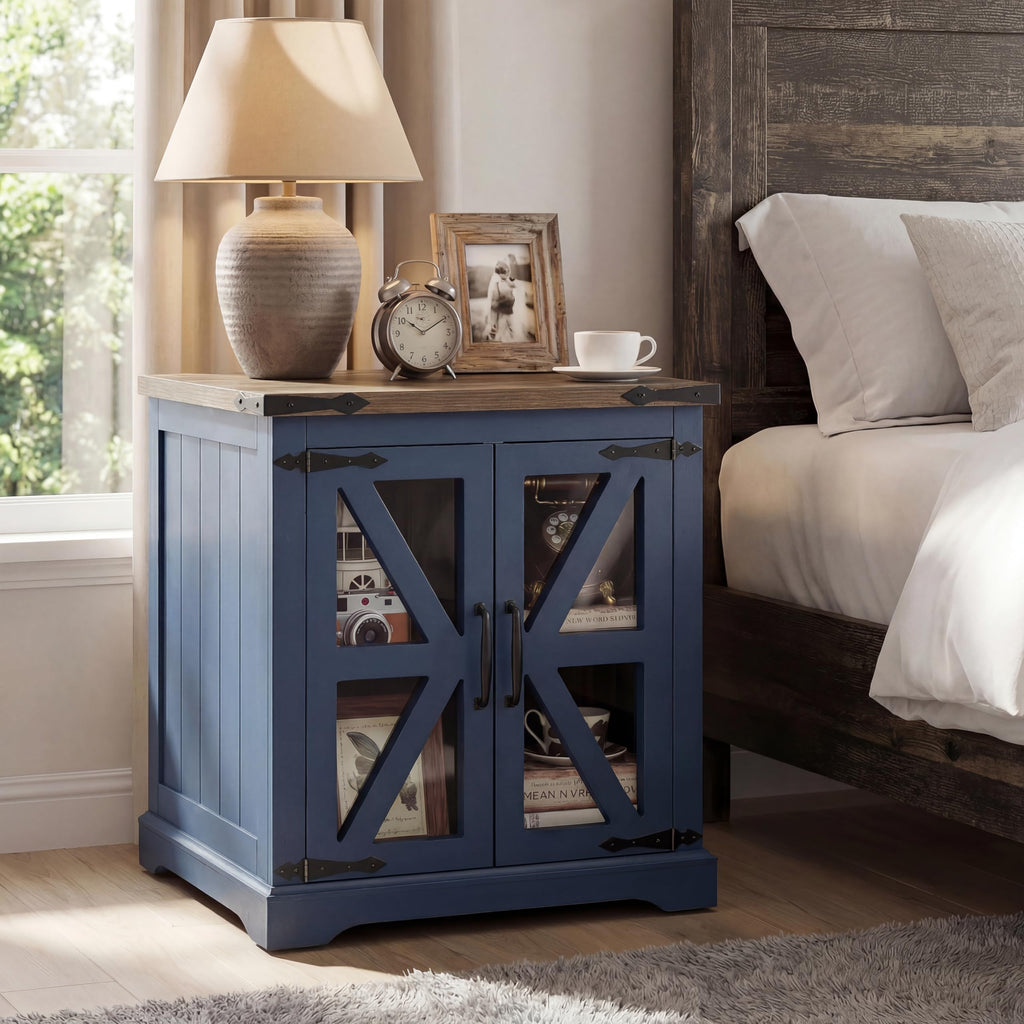 Farmhouse End Table, 24" Large End Tables with Storage, Rustic Square Sofa Beside Table with Glass Barn Door, Wood