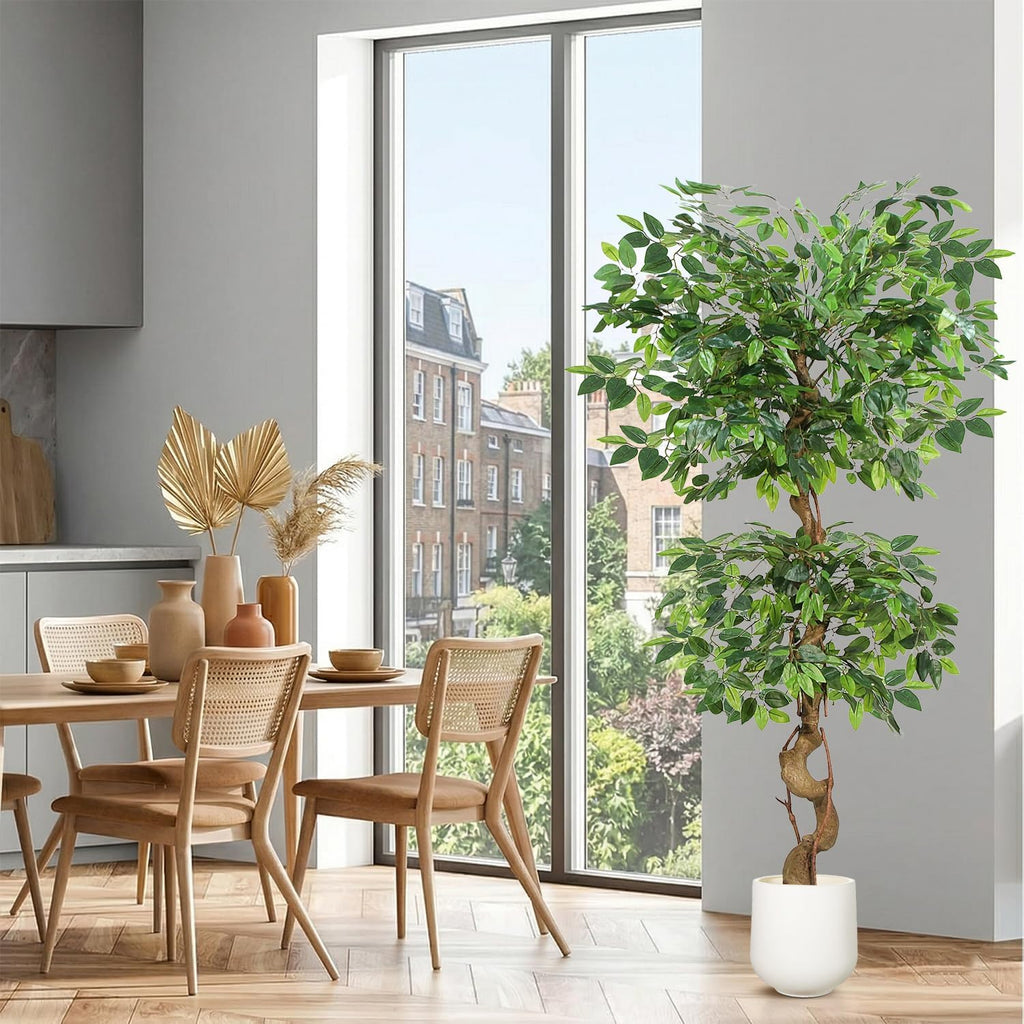 5FT Artificial Ficus Tree,Large Fake Tree with White Planter, Tall Faux Ficus Tree with Lifelike Leaves and Realistic