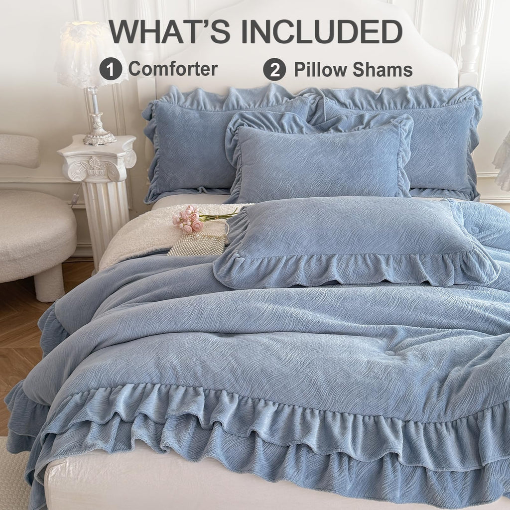 Fluffy Sherpa Comforter Set, Super Soft Fleece Blue Ruffle Bedding