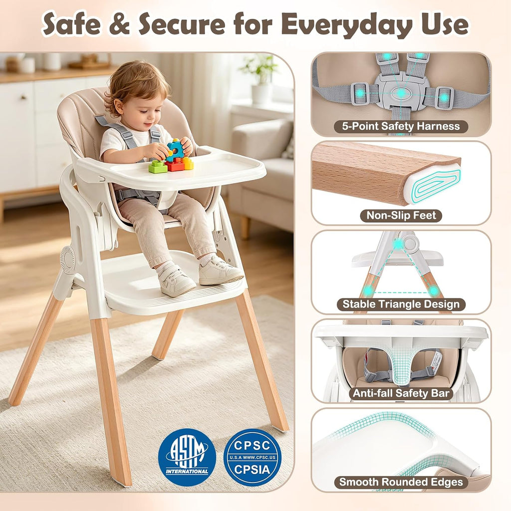 Foldable Baby High Chair, 4-in-1 Convertible Wooden Baby Highchairs (Beige) | Easel & Stool, Feeding Chair for Babies