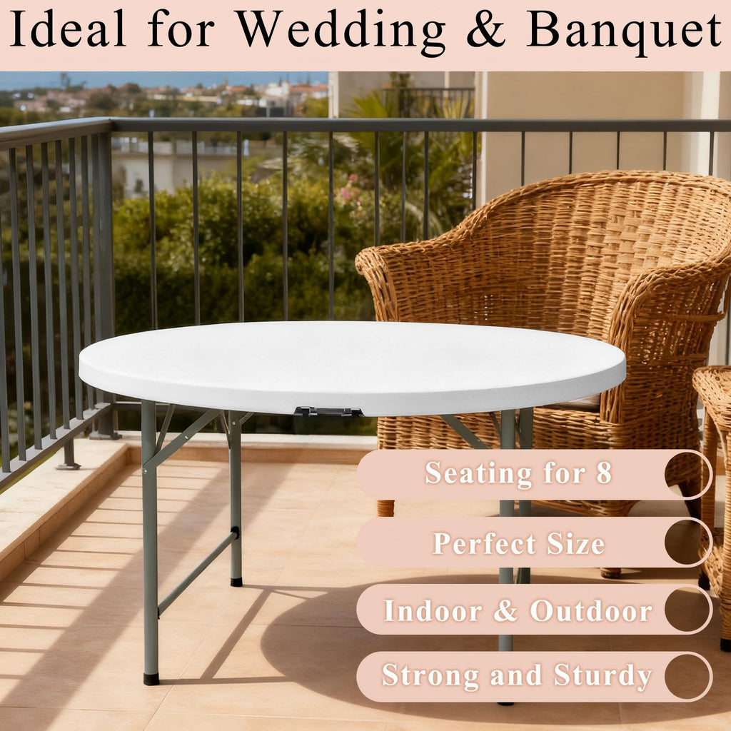 4 FT Round Folding Tables with Carrying Handle Lightweight Portable Plastic Commercial Table Steel Legs for Party