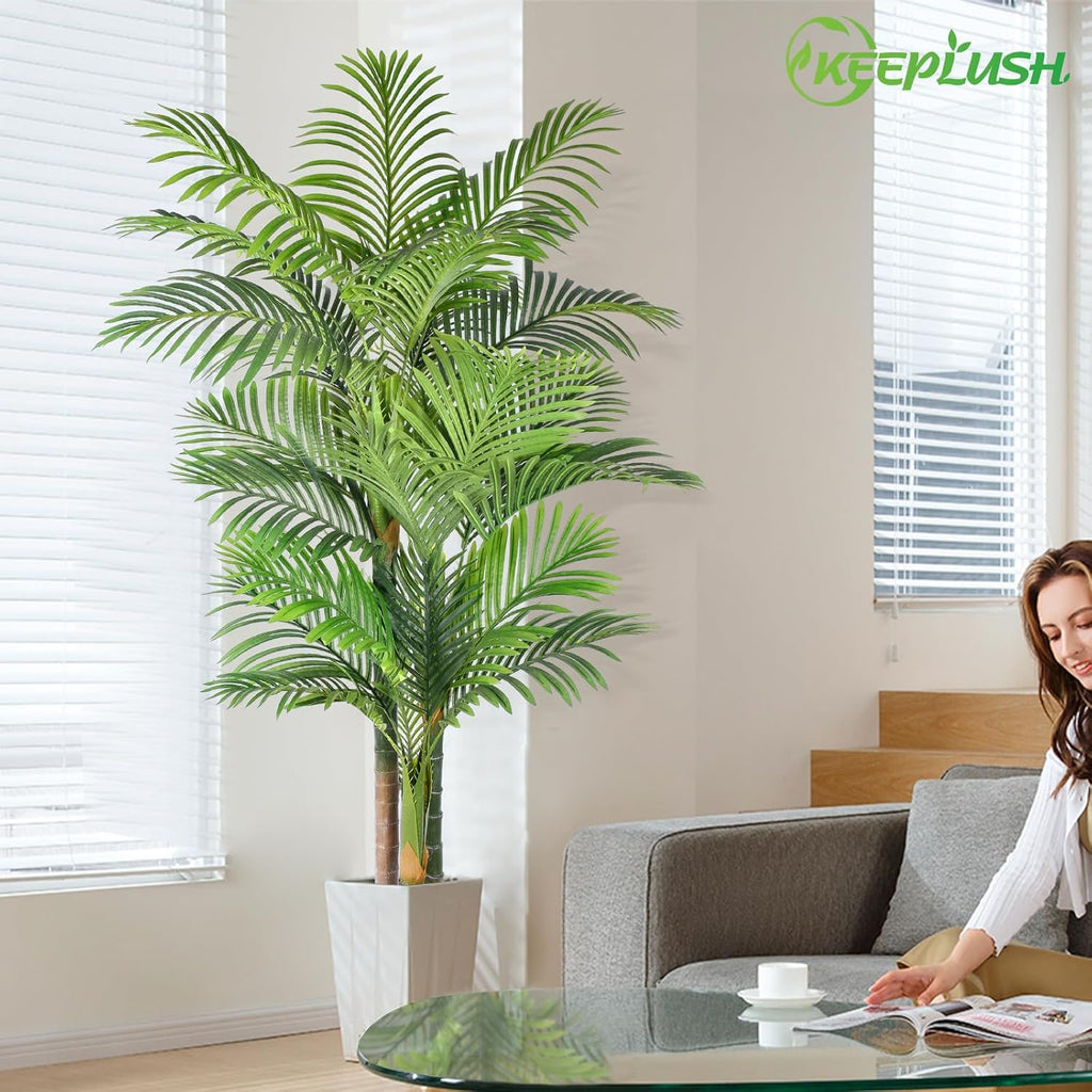 6ft Tall Triple Golden Cane Palm Artificial Tree 72inch Large Tropical Palm Tree UV Resistant Fake Plant in Pot - Set of 2