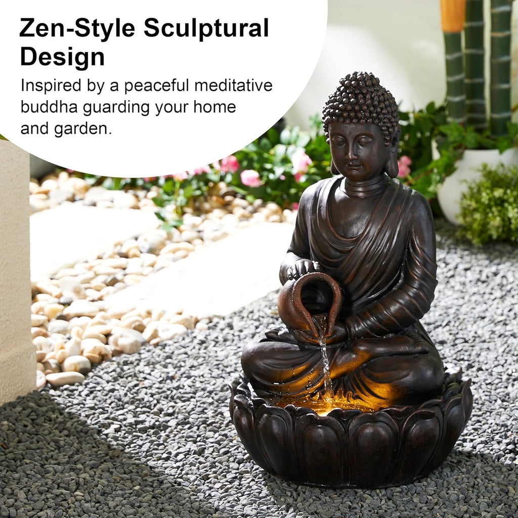 Buddha Fountain Outdoor 2 Tier Zen Style Buddha Water Fountains with Pump & LED Light, Buddha Fountains