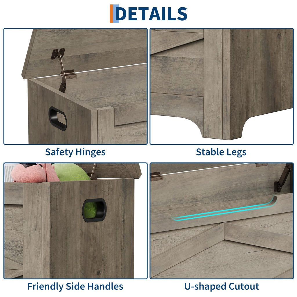 Farmhouse Wooden Storage Chest Bench, Safety Hinges, Spacious Multipurpose Organizer, or Playroom, Easy Assembly