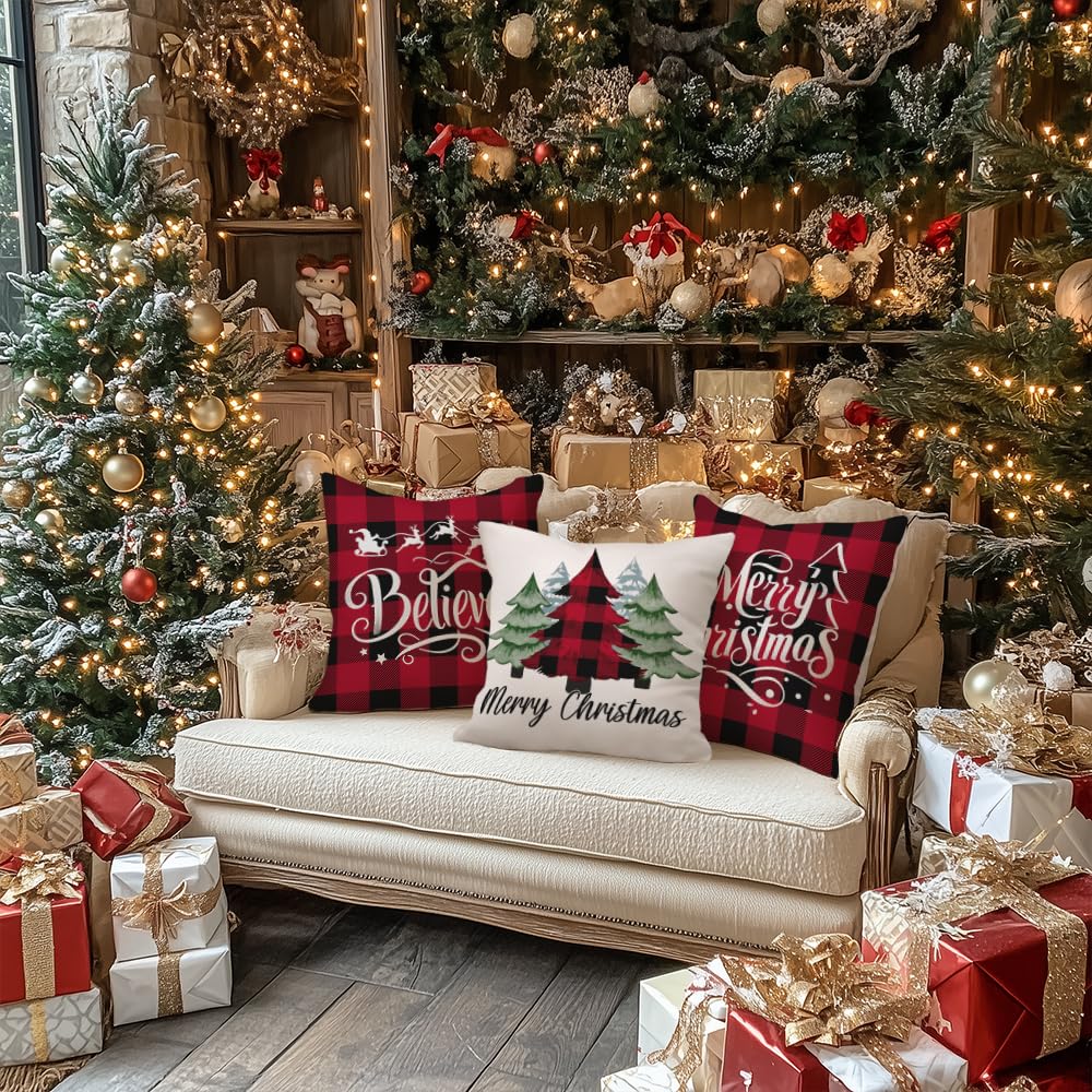 Merry Christmas Throw Pillow Covers 16x16 Inch Set of 4, Xmas Trees Truck Buffalo Plaid Believe Farmhouse Decorative