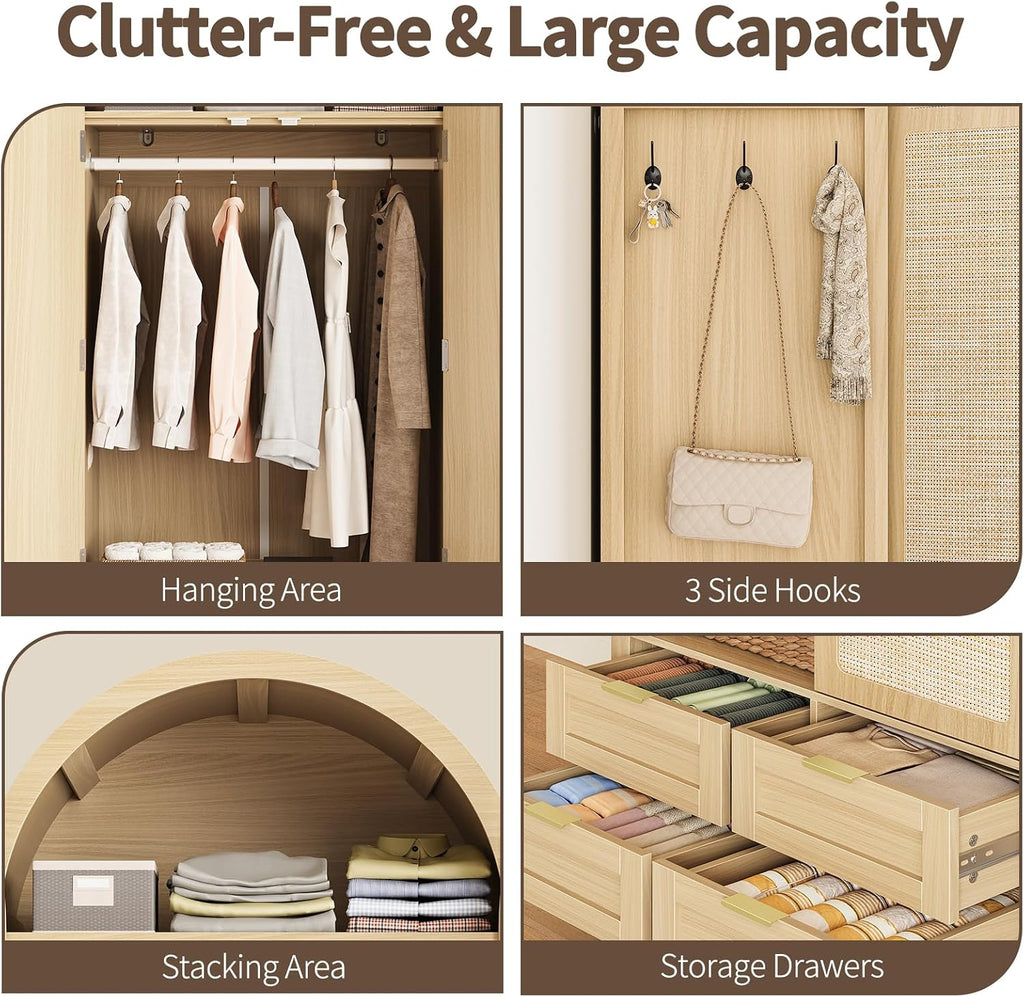 Armoire Wardrobe Closet with 4 Drawers - Wood Bedroom Armoires and Wardrobes with Rattan Doors for Hanging Clothes