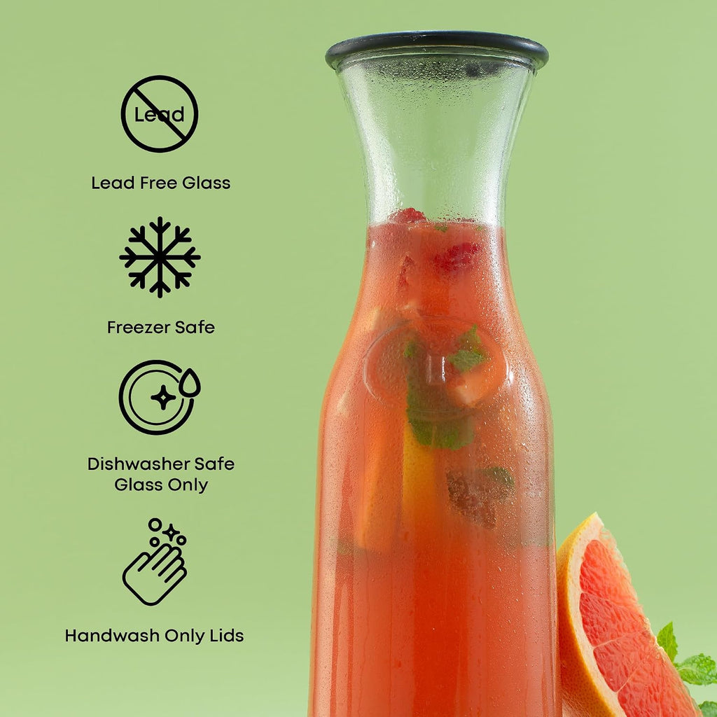 Glass Carafe with Lid, Set of 3 - 1 Liter Glass Pitcher for Mimosa Bar, Water, Iced Tea, Juice, Wine, Lemonade, Milk