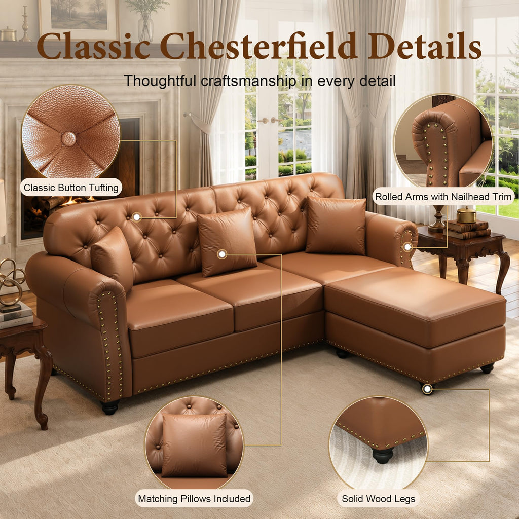 41.3'' Faux Leather Chesterfield Sofa & Ottoman Set, Brown