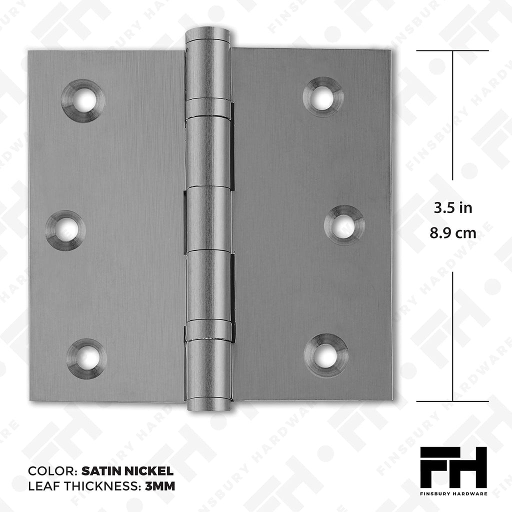 Solid Brass Door Hinge Heavy Duty Ball Bearing Matte Silver 3.5 x 3.5 Inch - Set of 3 Hinges (Satin Nickel)