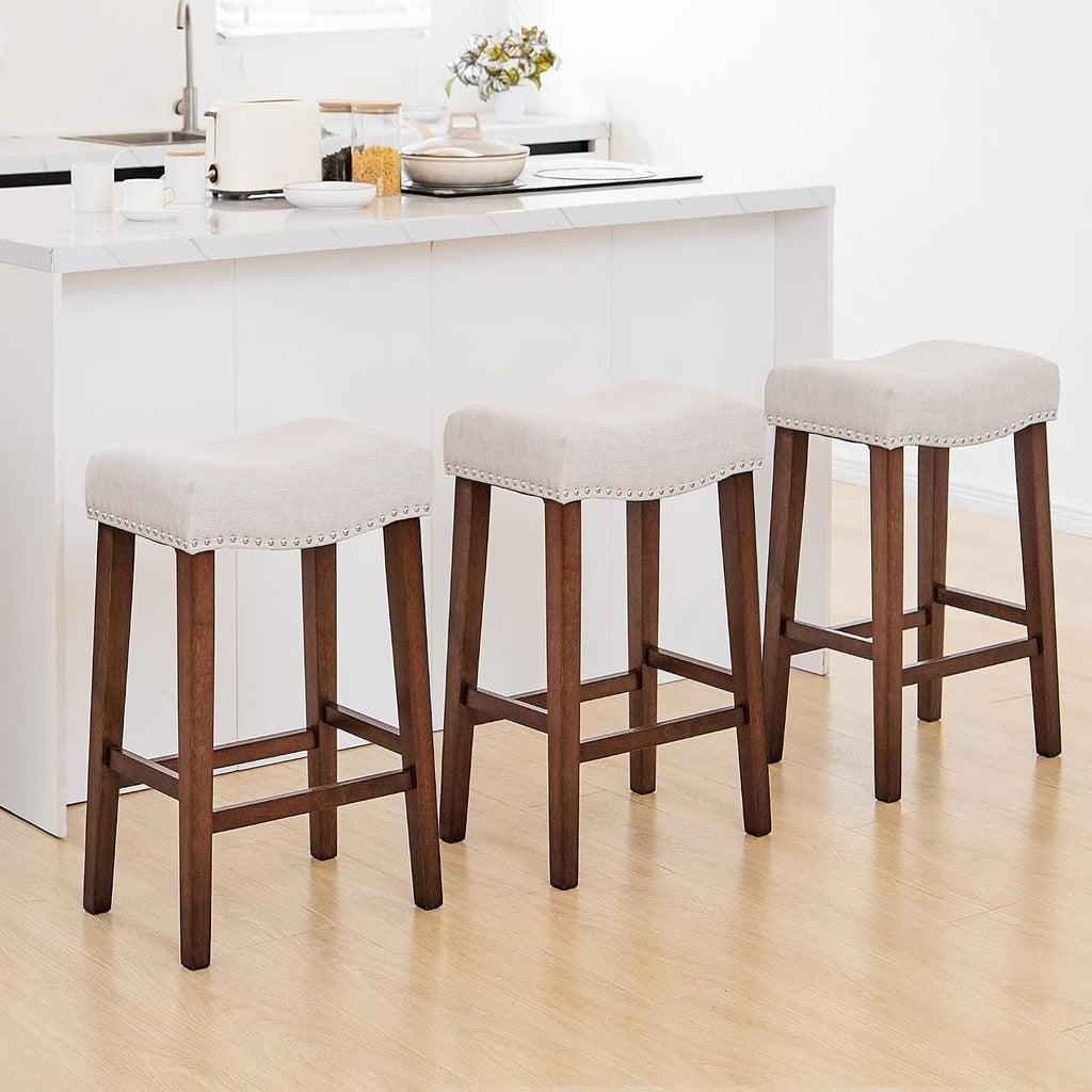 Counter Height Bar Stools Set of 3-26 Inch Backless Saddle Barstools with 4.3" Thick Upholstered, Nailhead Trim Linen