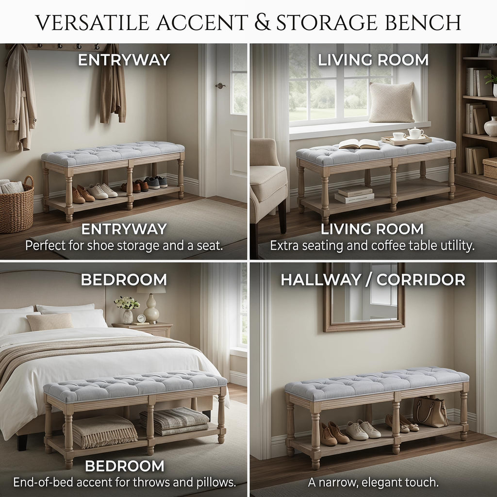 Shoe Rack Bench Storage Vintage Bedroom Padded Bench Seat End of Bed, Fabric Tufted Farmhouse French Entryway Bench