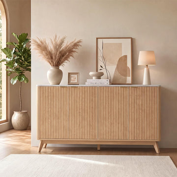 59'' Sideboard Buffet Storage Cabinet with Marble Top, Fluted Cabinet with Rounded Corners, Modern Buffet Table