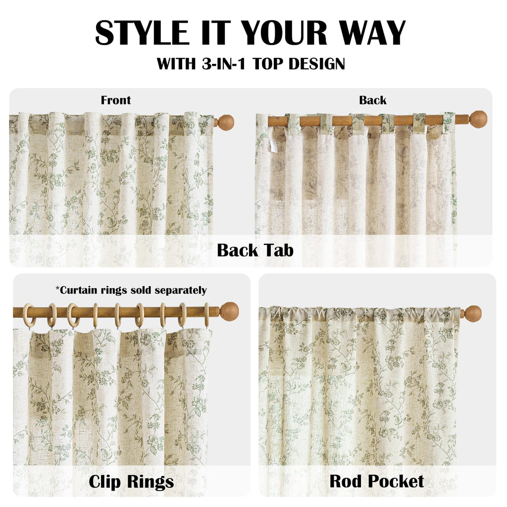 Extra Long Green Vintage Floral Linen Curtains Farmhouse 2 Panels
