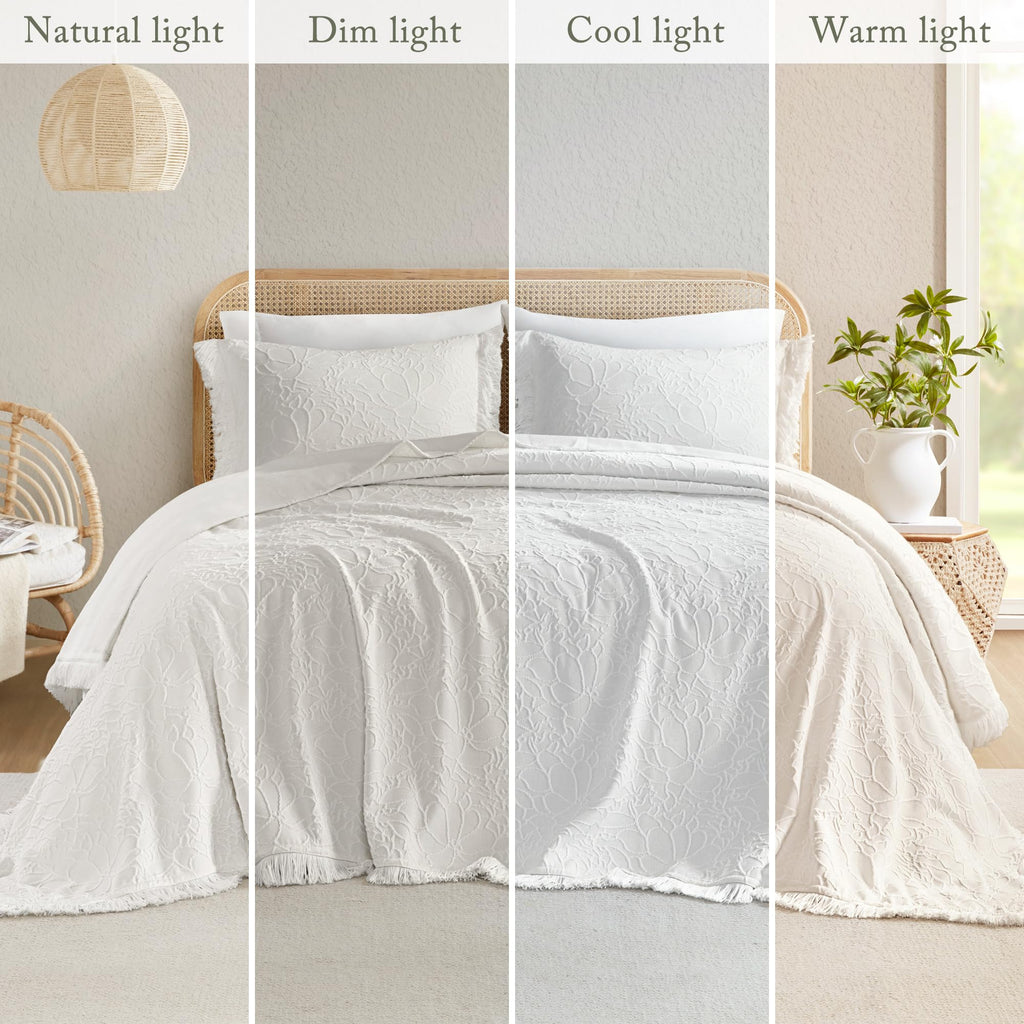 King Bedspread Oversized Chenille Floral Bespread with Fringes, King Bedding Set Cozy Quilt, All Season Lightweight