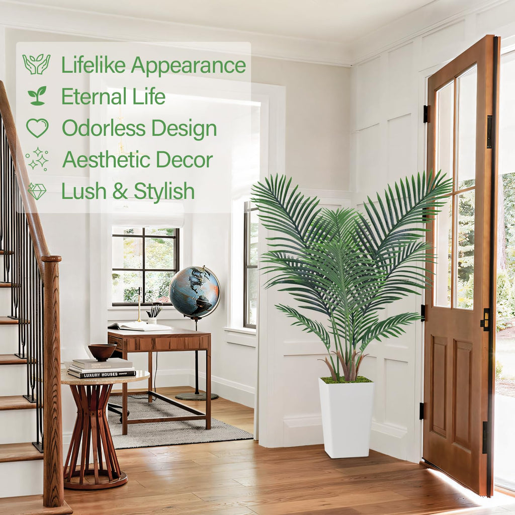 Artificial Palm Tree 5FT, Faux Palm Tree with Tall White Planter, Realistic Leaves & Natural Wood Trunk, Ideal Decor