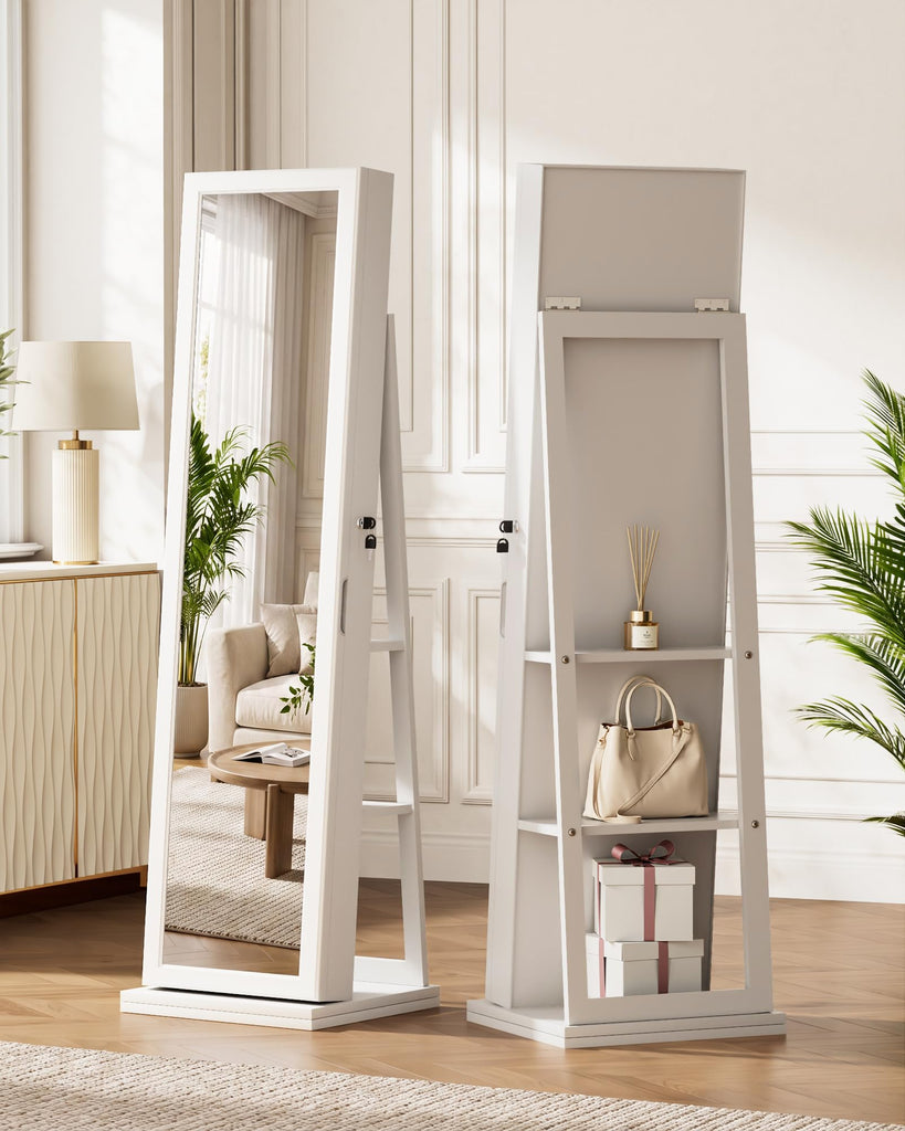360° Swivel Jewelry Cabinet with Full-Length Mirror, Lockable, White