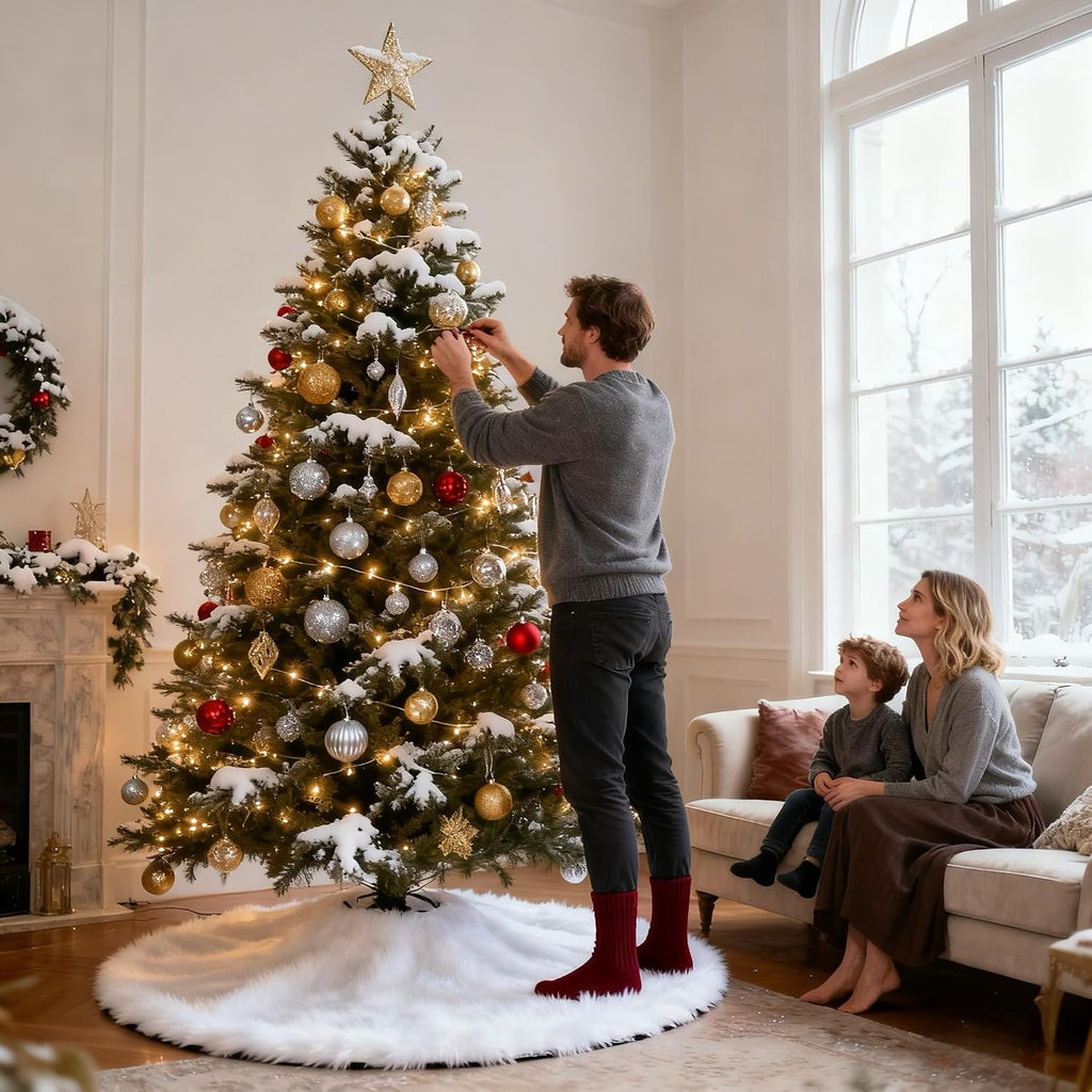 Christmas Tree Skirt 60 Inch White - Fluffy Faux Fur Christmas Tree Mat & Decoration for Indoor Outdoor Use