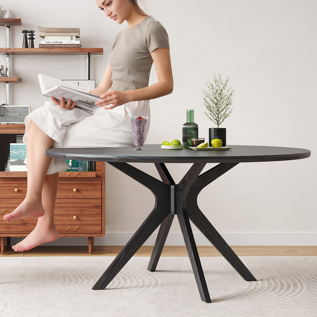 47.2" Solid Wood Round Dining Table for 4-6 People with Intersecting Pedestal Base, Circle Kitchen Tables, Black