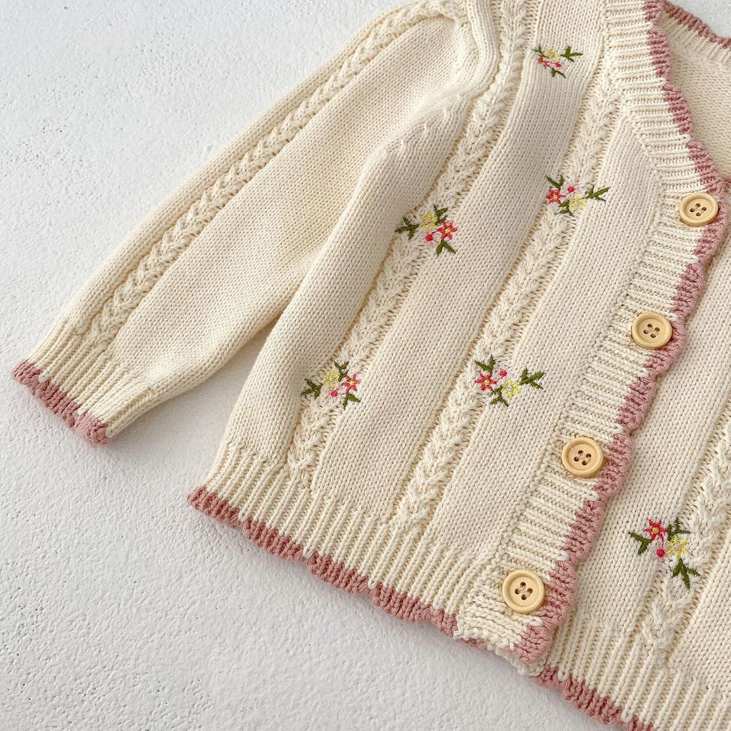 Baby Girls Cotton Small Floral Embroidery Cardigan Sweater
