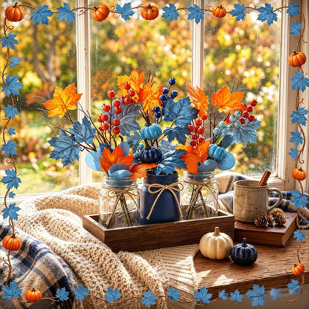 Navy Blue and Burnt Orange Fall Mason Jar Centerpiece - Set of 3