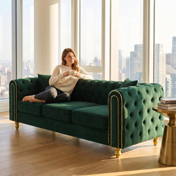 86" Chesterfield 3-Seater Velvet Sofa Couch, Button Tufted Rolled Arms with Gold Piping, Gold Metal Legs, Modern