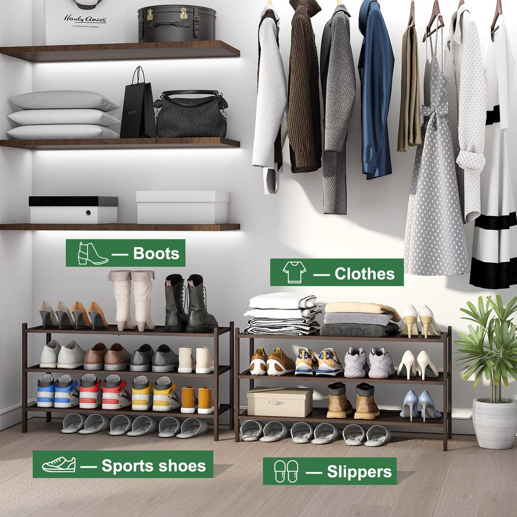 3-Tier Long Shoe Rack, Bamboo Wood Shoe Rack, Stackable | Foldable | Natural, Shoe Organizer Closet, Free Standing