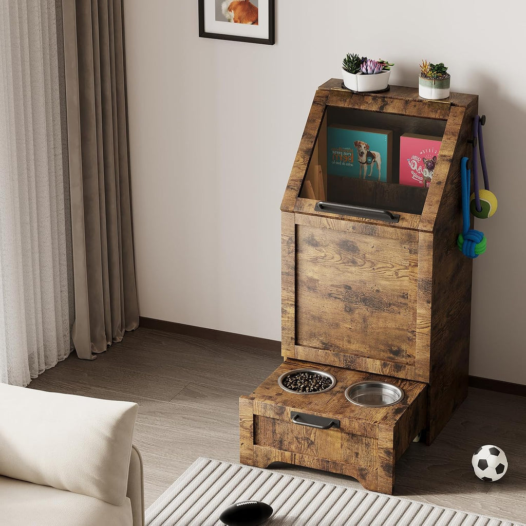 Top Opening Dog Feeding Station, Wooden Dog Food Storage Cabinet with 2 Elevated Dog Bowls, 3 Hooks, Hidden Design