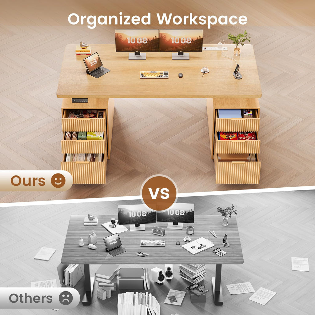 Electric Standing Desk with 6 Drawers, 55" Adjustable Stand up Desk with Storage, Fluted Computer Desks with Power