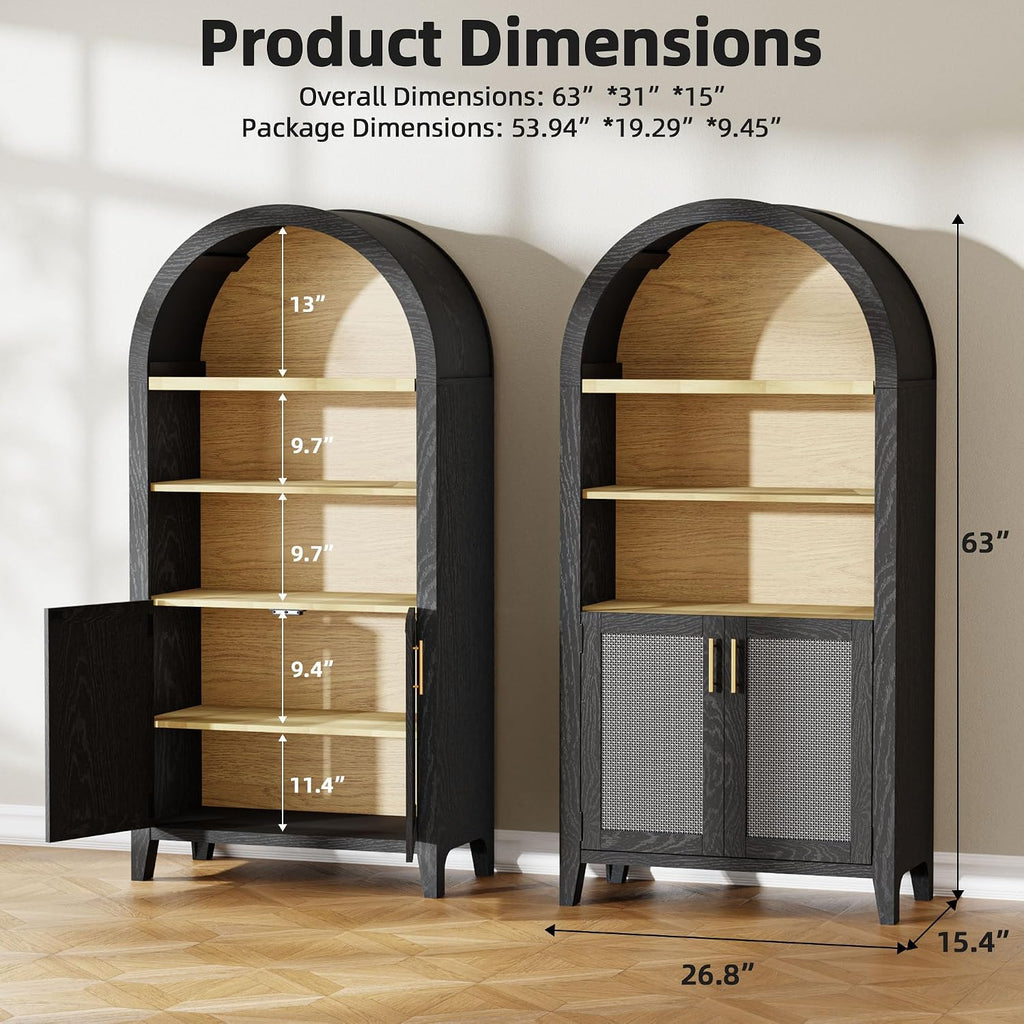 63" Arched Storage Cabinet, 5-Tier Arched Bookshelf, Black & Rattan | Wood Storage Cabinet with Adjustable Shelvess