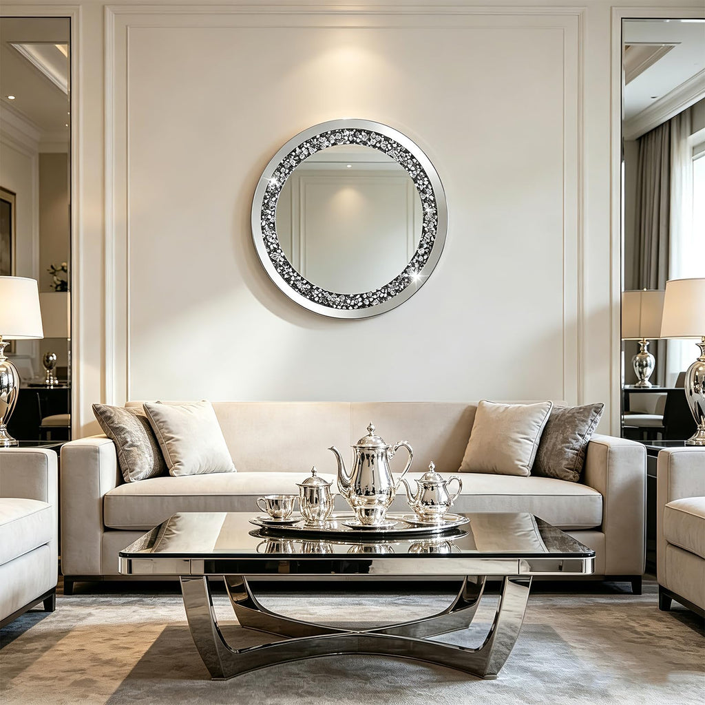 28x28in Crystal Crushed Diamond Decor Mirror, Round Wall Mirror, Silver Mirror, Home Decoration Hanging Mirror