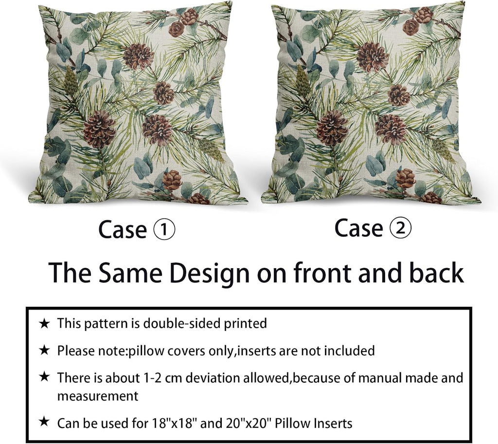 Winter Floral Pillow Covers 18x18 Inch , Green Watercolor Flower Leaf Print Rustic Themed Christmas - Set of 2
