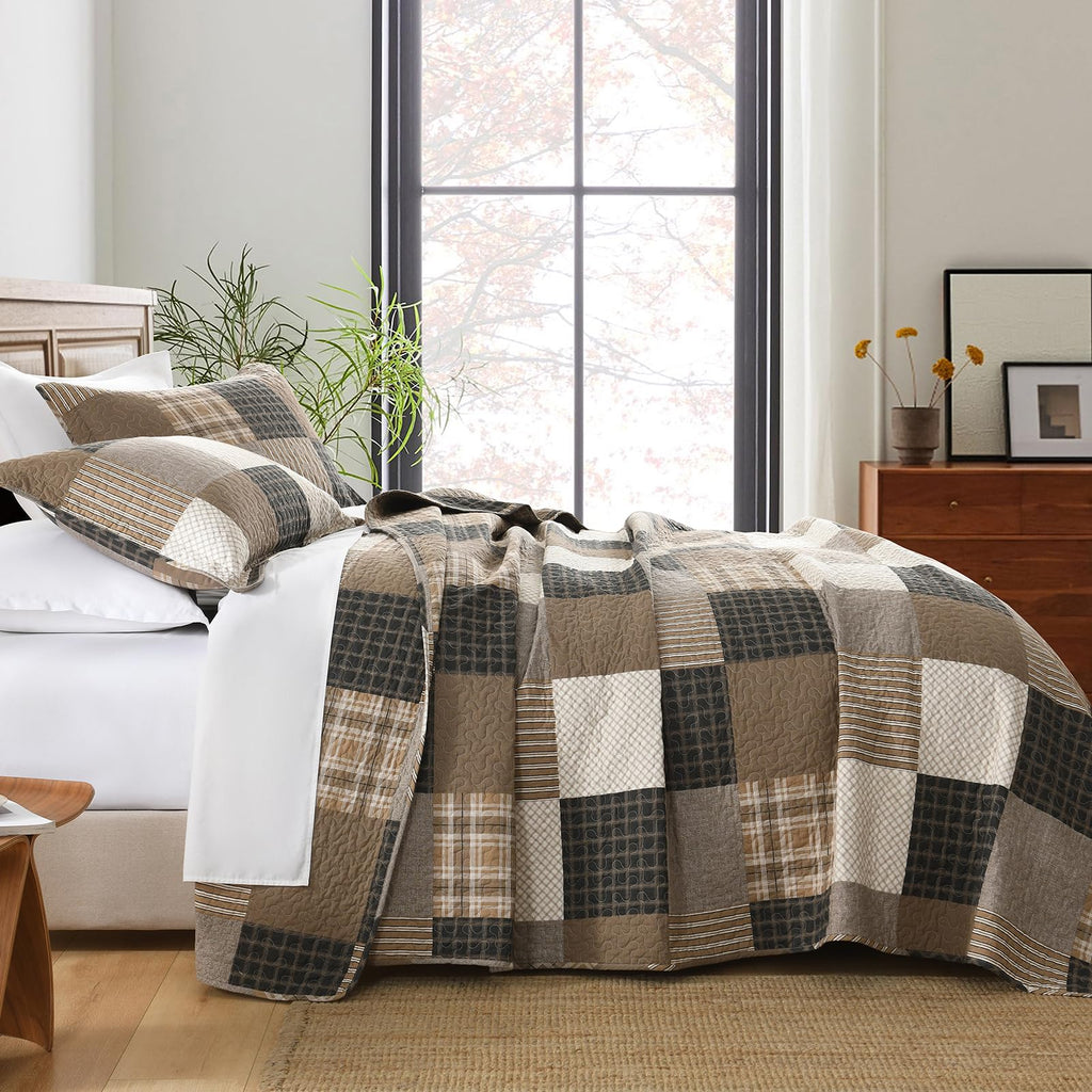 Quilt Set, Farmhouse Plaid Comforter, Cotton Quilted Bedspread, Charcoal Beige Brown Lightweight