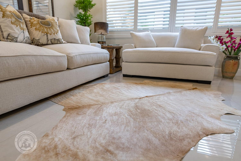 100% Genuine Exotic Beige Palomino Cowhide Rug - Modern Style Animal Skin Rug & Floor Carpet & More - Extra Large