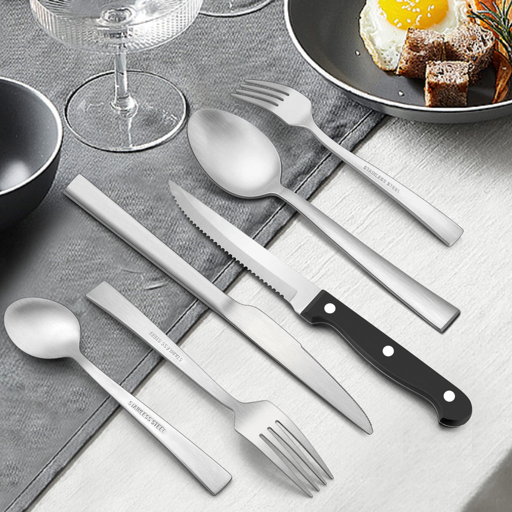 72-Piece Matte Silverware Set with Steak Knives, Stainless Steel Flatware Cutlery Set for 12, Square Eating Utensils