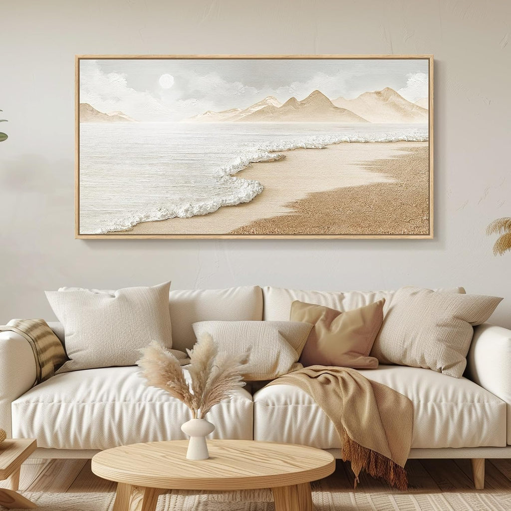 Framed Boho Beach Coastal Wall Art , Large Neutral Ocean Canvas Artworks for Walls, Horizontal Abstract Minimalist