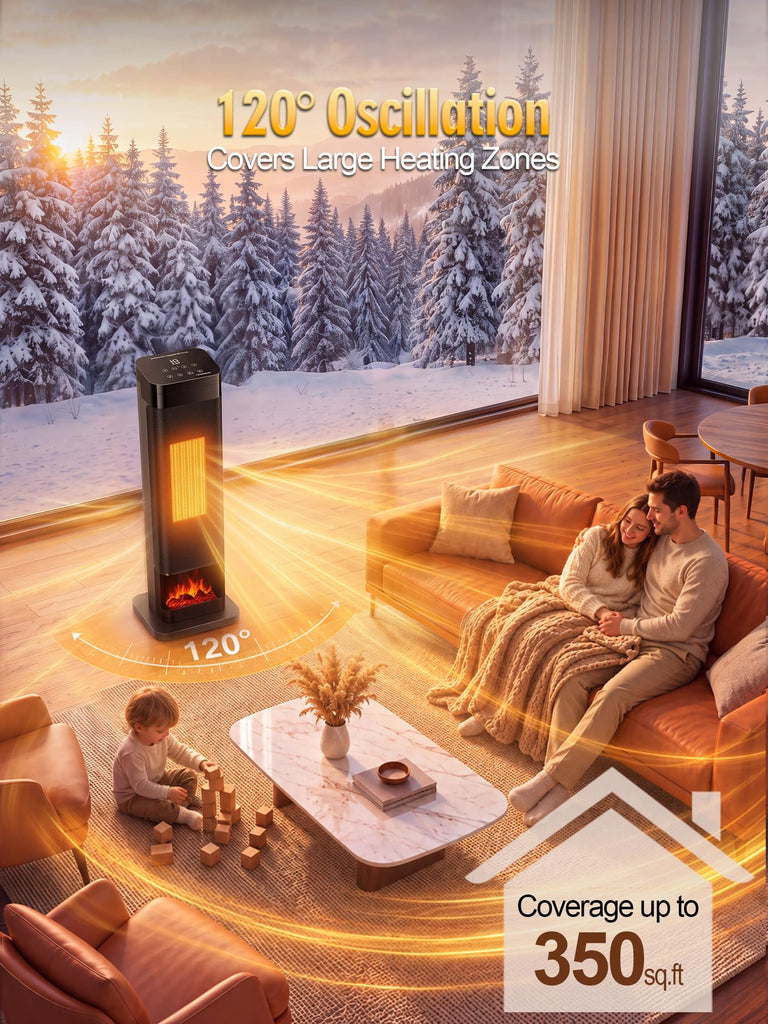 Space Heaters for Indoor Use, 1500W Electric Tower Heater for Large Room with Thermostat, 120° Oscillation&Child