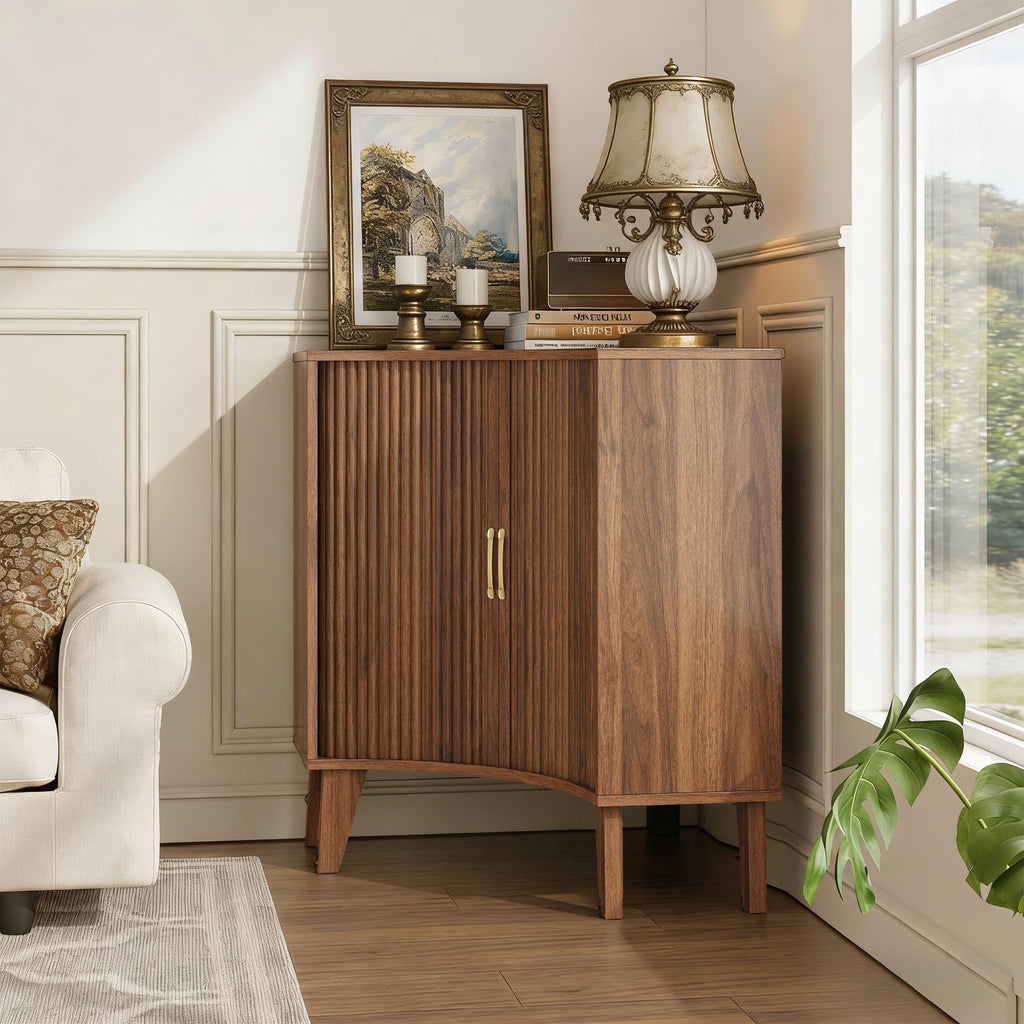 Fluted Corner Cabinet with Doors, Corner Kitchen Cabinet, Wine Bar, Sideboard
