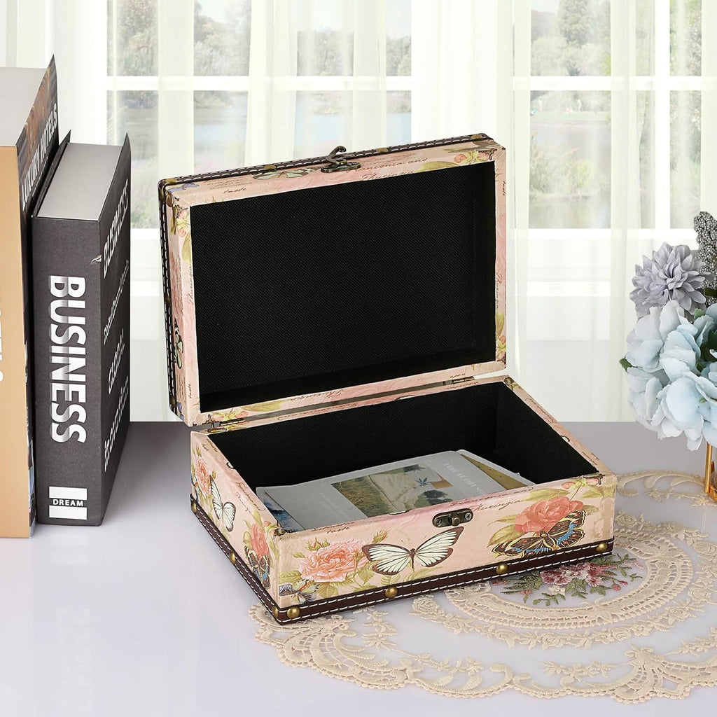 Butterfly Treasure Chest Box, Wooden + PU Leather Storage Decorative Box for Jewelry Trinkets Photos, Rectangular