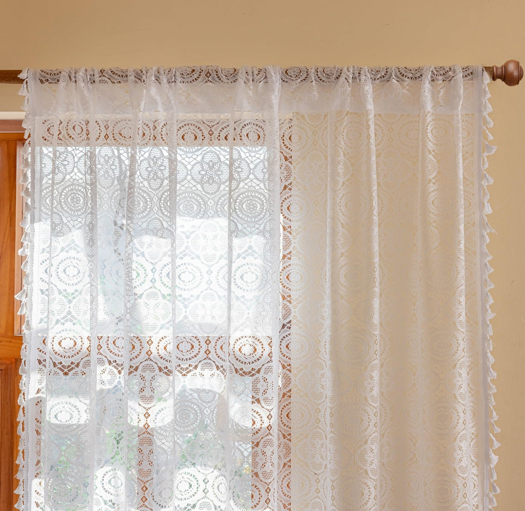 Boho Lace Curtains 72 inch, 2 Panels, White Sheer Window Panels