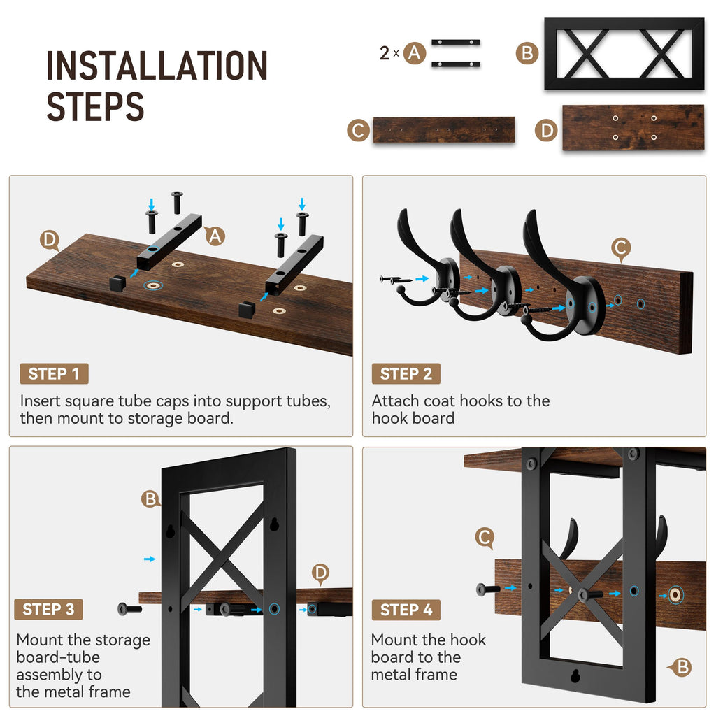 33.86" Wall Mounted Coat Rack with Shelf, Heavy Duty Entryway Wall Organizer with 6 Dual Hooks and Key Holder, Rustic