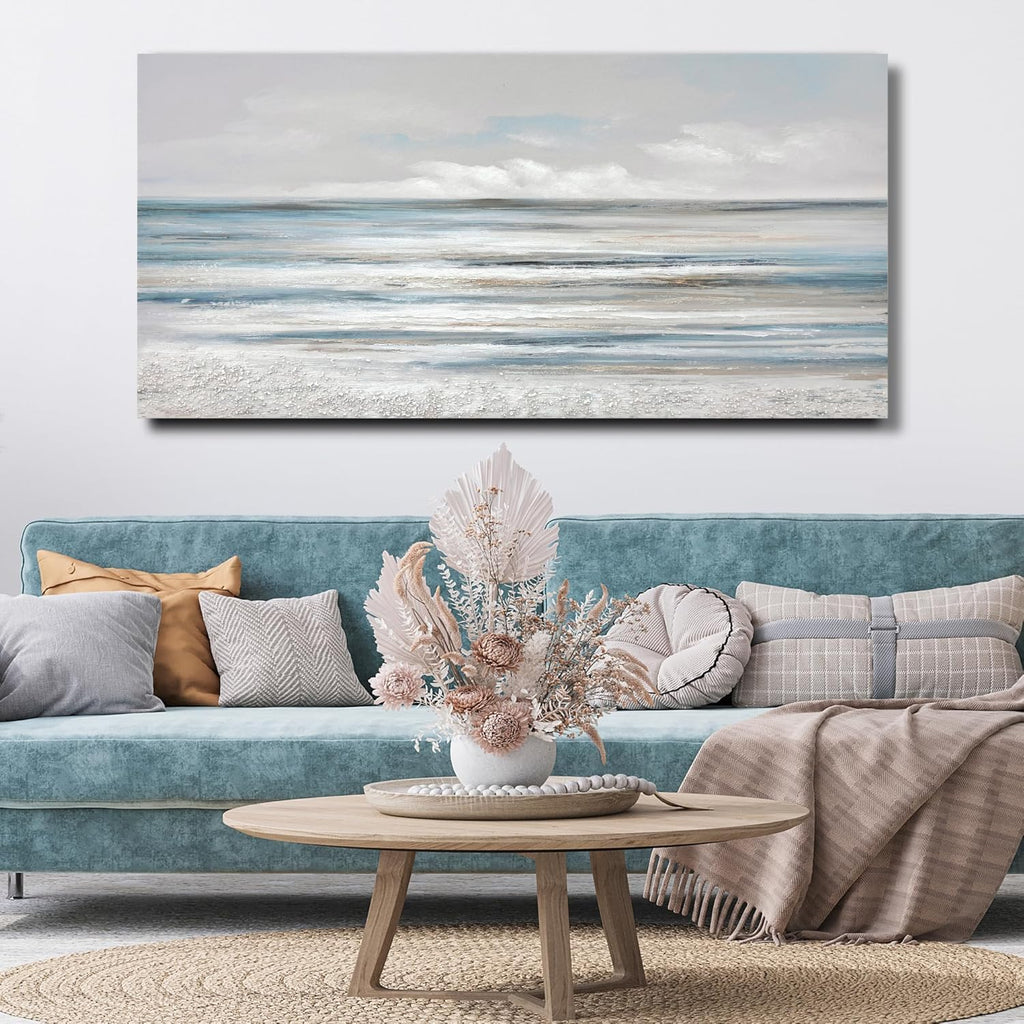 Abstract Wall Art Modern Coastal Wall Decor Textured Blue and White Sea Background Canvas Wall Art Bedroom Kitchen