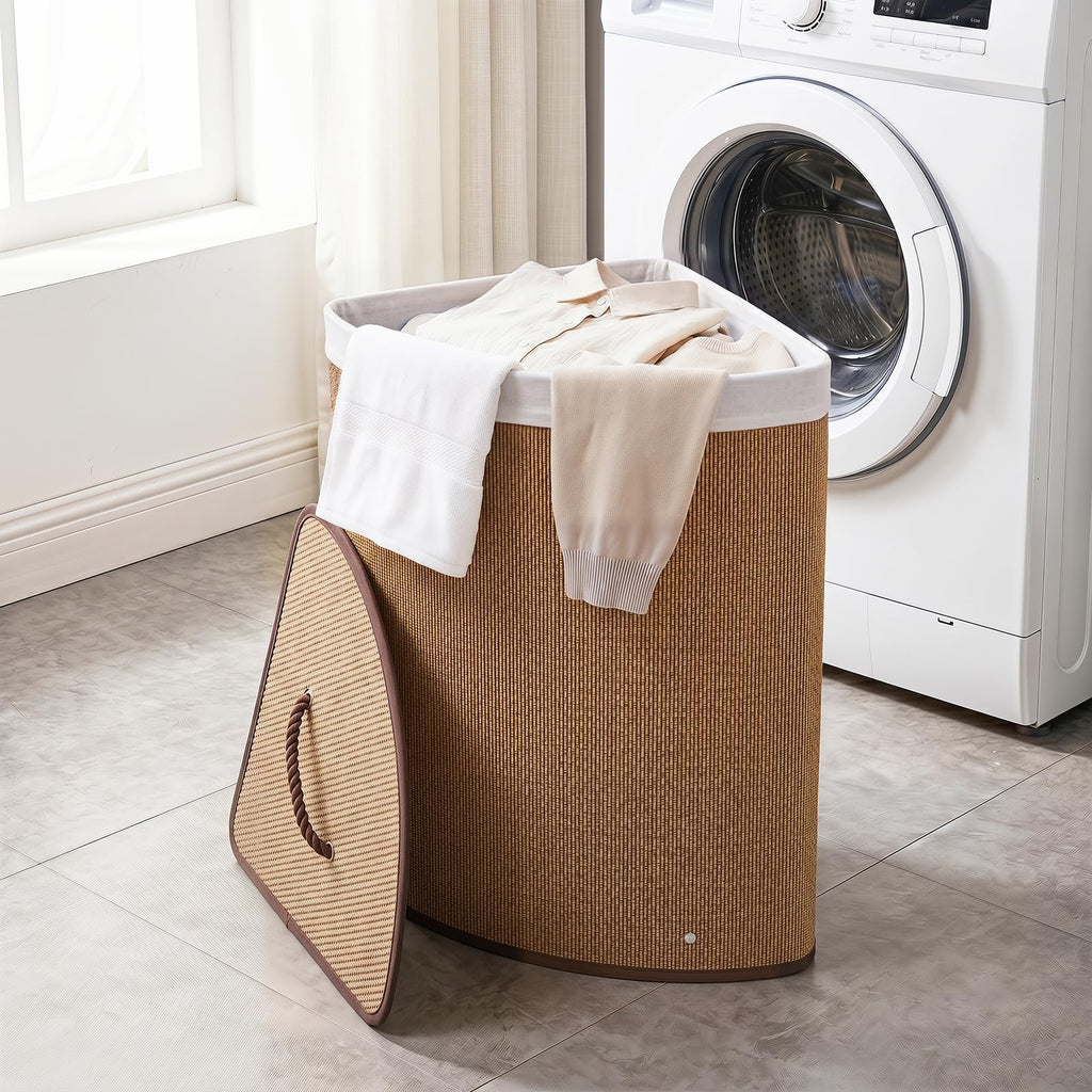 15 Gal Corner Laundry Hamper w/Lid, Removable Liner & Handle Khaki