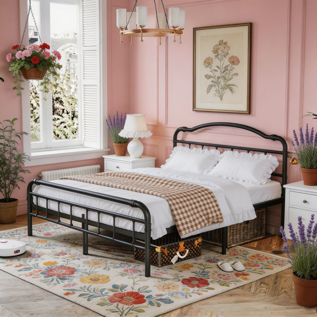 Victorian Style Metal Bed Frame, 18 Inch High Heavy Duty Platform with Spindle Headboard and Footboard