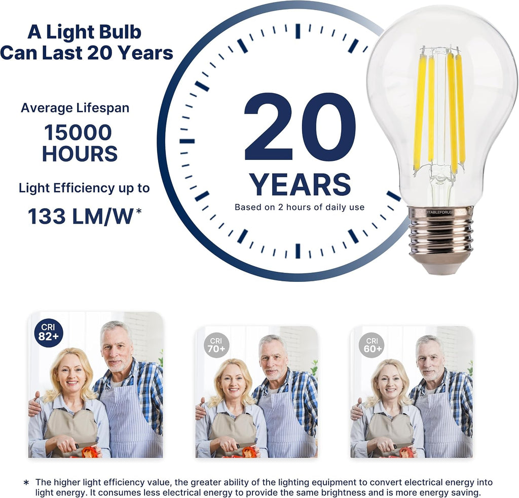 A19 LED Filament Bulbs, 100W Eqv, 1600LM, 5000K, E26 Base, 4 Pack