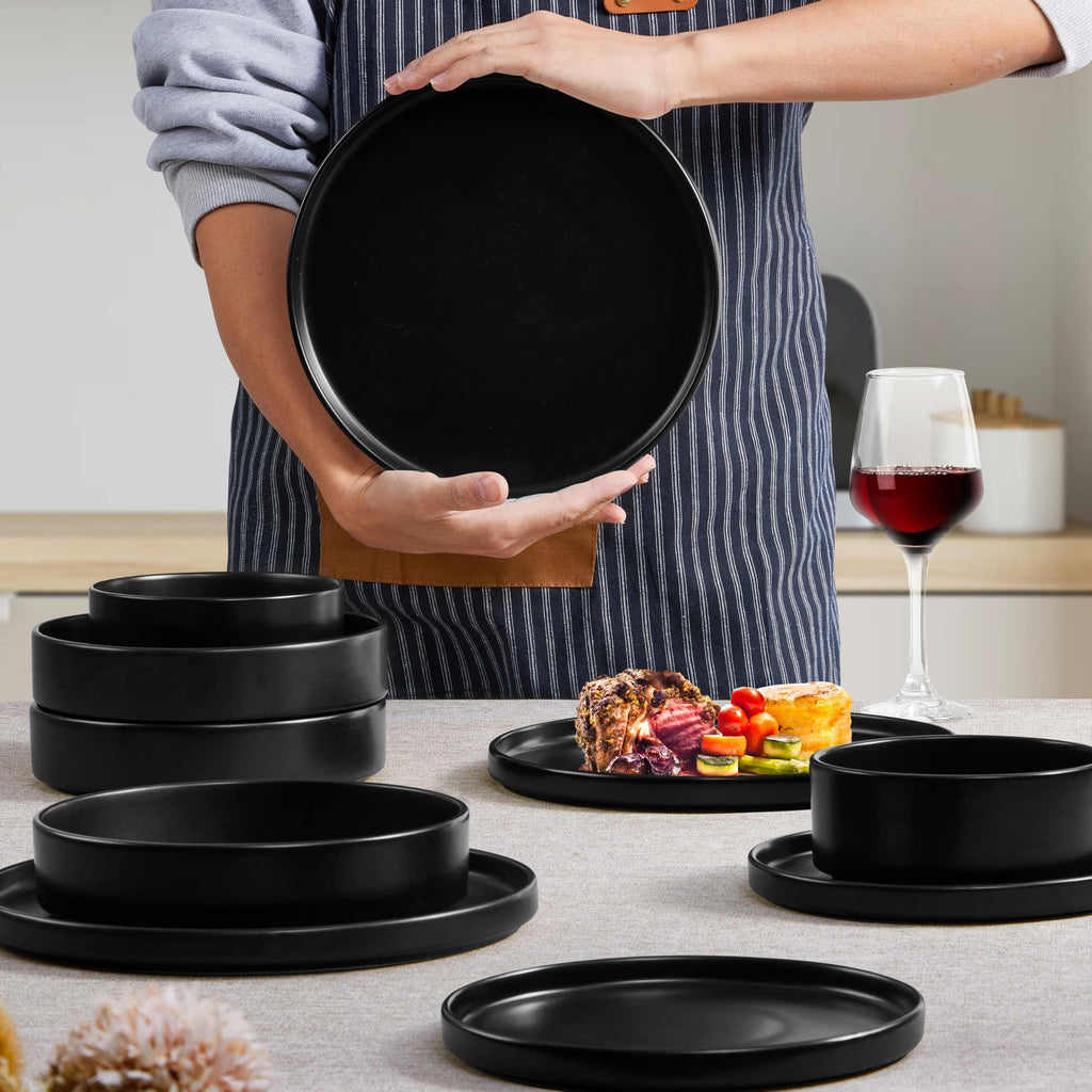 Dinnerware Sets with Pasta Bowls for 6, 24 Piece Dinner Salad Plates and Cereal Serving Bowls, Stoneware Dishes