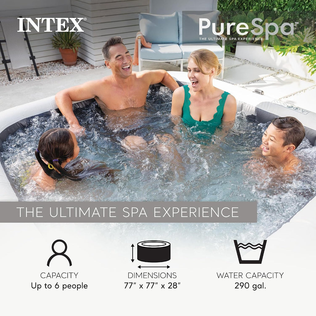 PureSpa 6 Person Inflatable Hot Tub with Energy-Efficient Spa Cover | 28451EP Greystone Deluxe: Built-in Hard Water