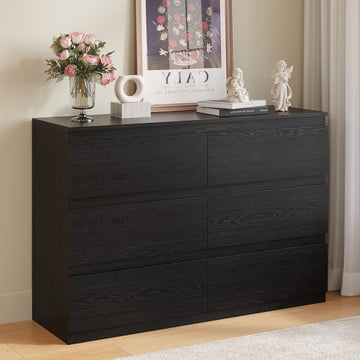 Black Wood Dresser 6 Drawer, 47" Wide Clothes Chest