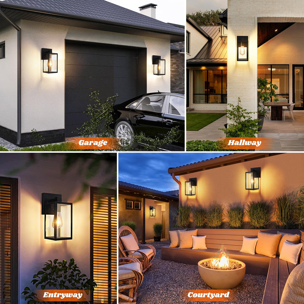 2-Pack Outdoor Wall Lantern, Exterior Waterproof Wall Sconce Light Fixtures, Black Outside Wall Lights with Clear