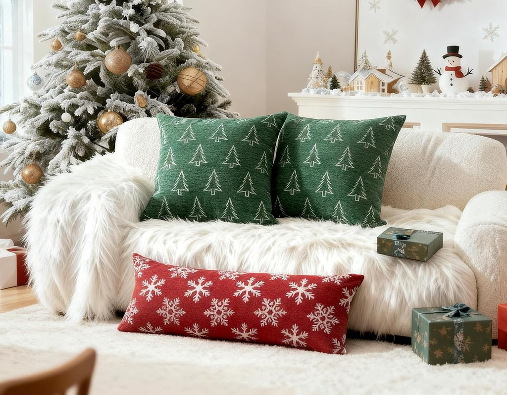 Soft Chenille Christmas Pillow Covers 18x18, Reversible Snowflake & Tree Pattern, Thick & Cozy Farmhouse - Set of 2